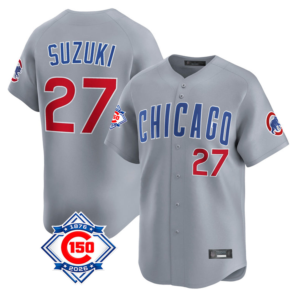 Chicago Cubs #27 Seiya Suzuki Player Gray REYNOLDS Road 150th Anniversary Limited Home Stitched Jerseys
