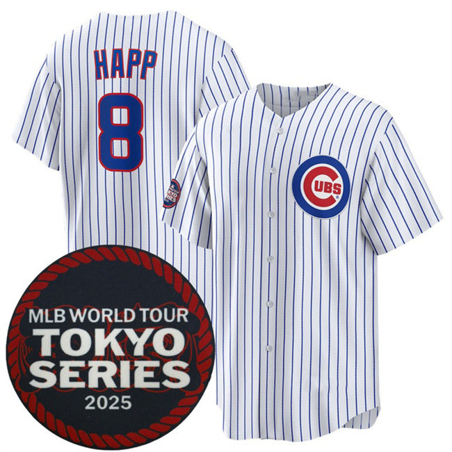 Chicago Cubs #8 Ian Happ White REYNOLDS 2025 World Tour Tokyo Series Home Stitched Jersey
