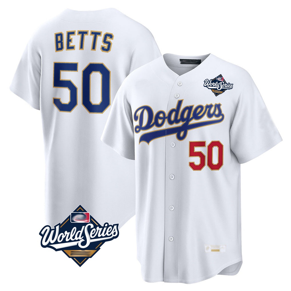 Los Angeles Dodgers #50 Mookie Betts Player Gold White REYNOLDS World Series Collection Limited Home Stitched Jerseys