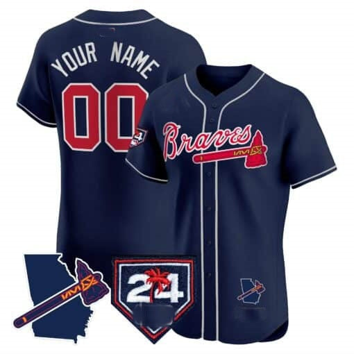 Custom Atlanta Braves 2024 Spring Training & Georgia Patch Vapor Premier Elite Jersey ¨CNavy REYNOLDS