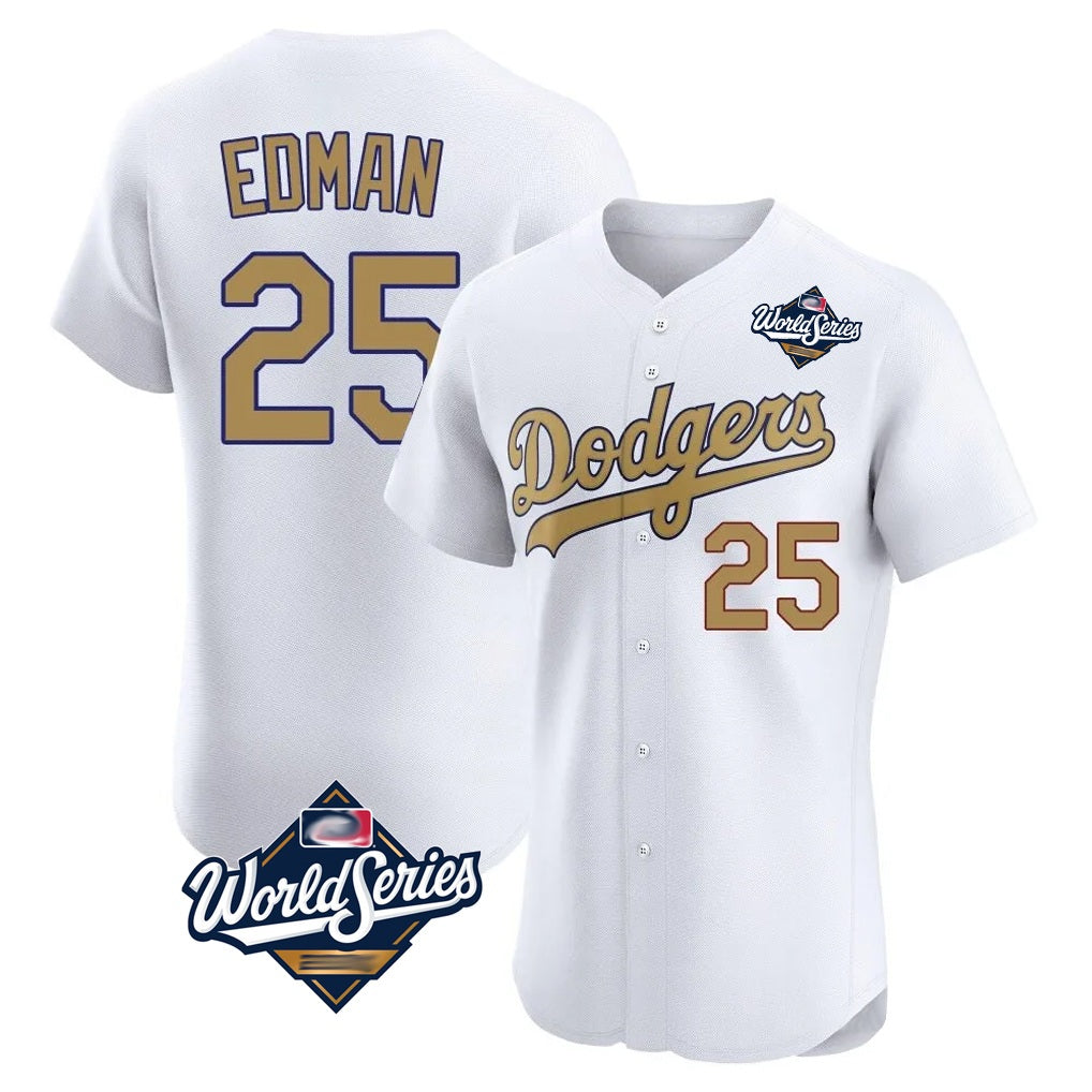 Los Angeles Dodgers #25 Tommy Edman Player White Gold REYNOLDS World Series Limited Elite Home Stitched Jerseys