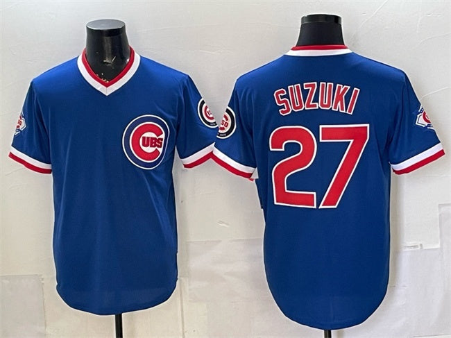 Chicago Cubs #27 Seiya Suzuki Royal REYNOLDS 150th Anniversary Throwback Vapor Limited Stitched Jersey