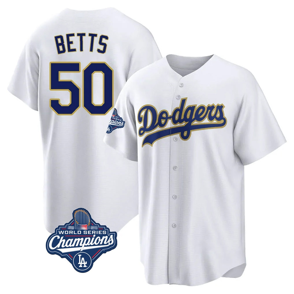 Los Angeles Dodgers #50 Mookie Betts Player Gold White REYNOLDS World Series Meet 2026 Collection Stadium Game Stitched Jerseys