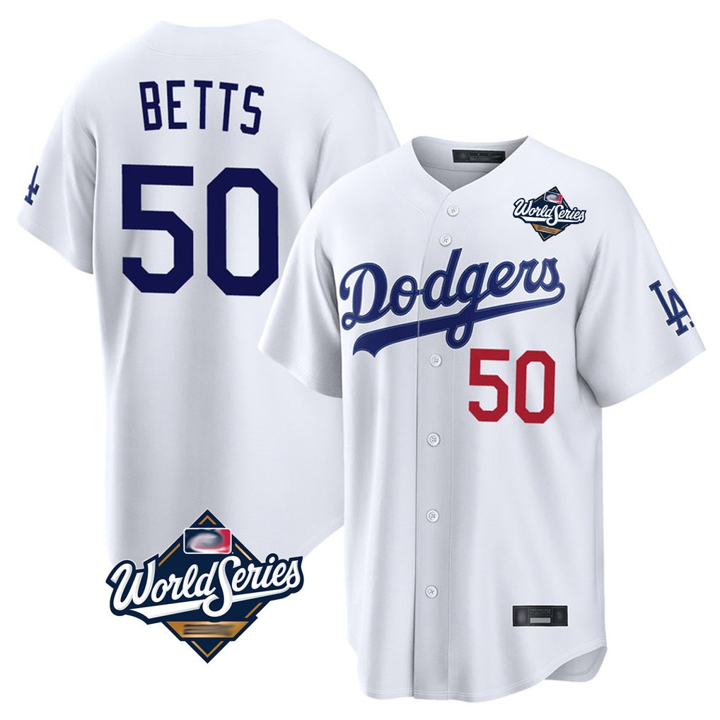Los Angeles Dodgers #50 Mookie Betts Player White REYNOLDS World Series Home Game Stitched Jerseys