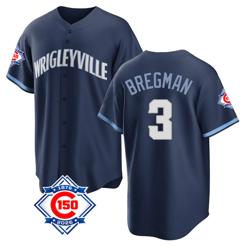 Chicago Cubs #3 Alex Bregman Player Navy REYNOLDS 150th Anniversary City Connect Home Game Stitched Jerseys