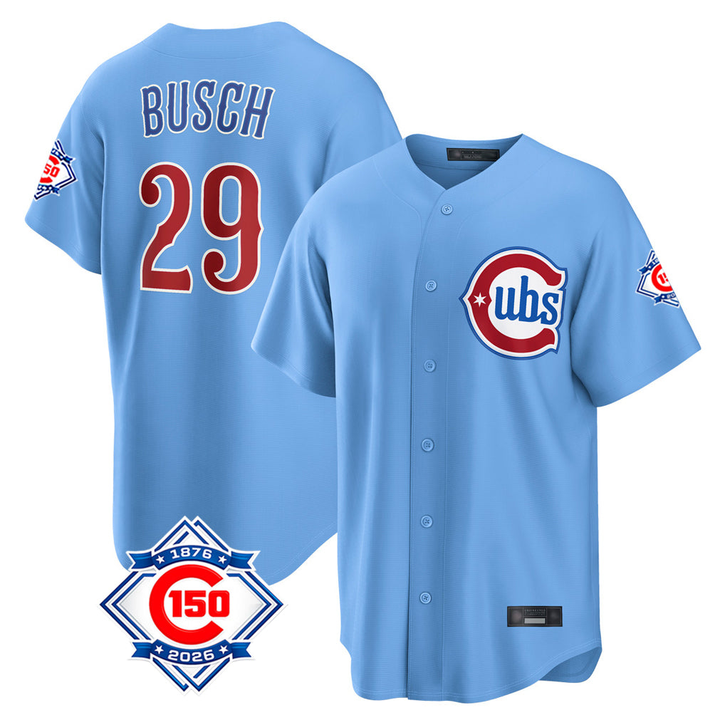 Chicago Cubs #29 Michael Busch Player Light Blue REYNOLDS 150th Anniversary Home Game Stitched Jerseys