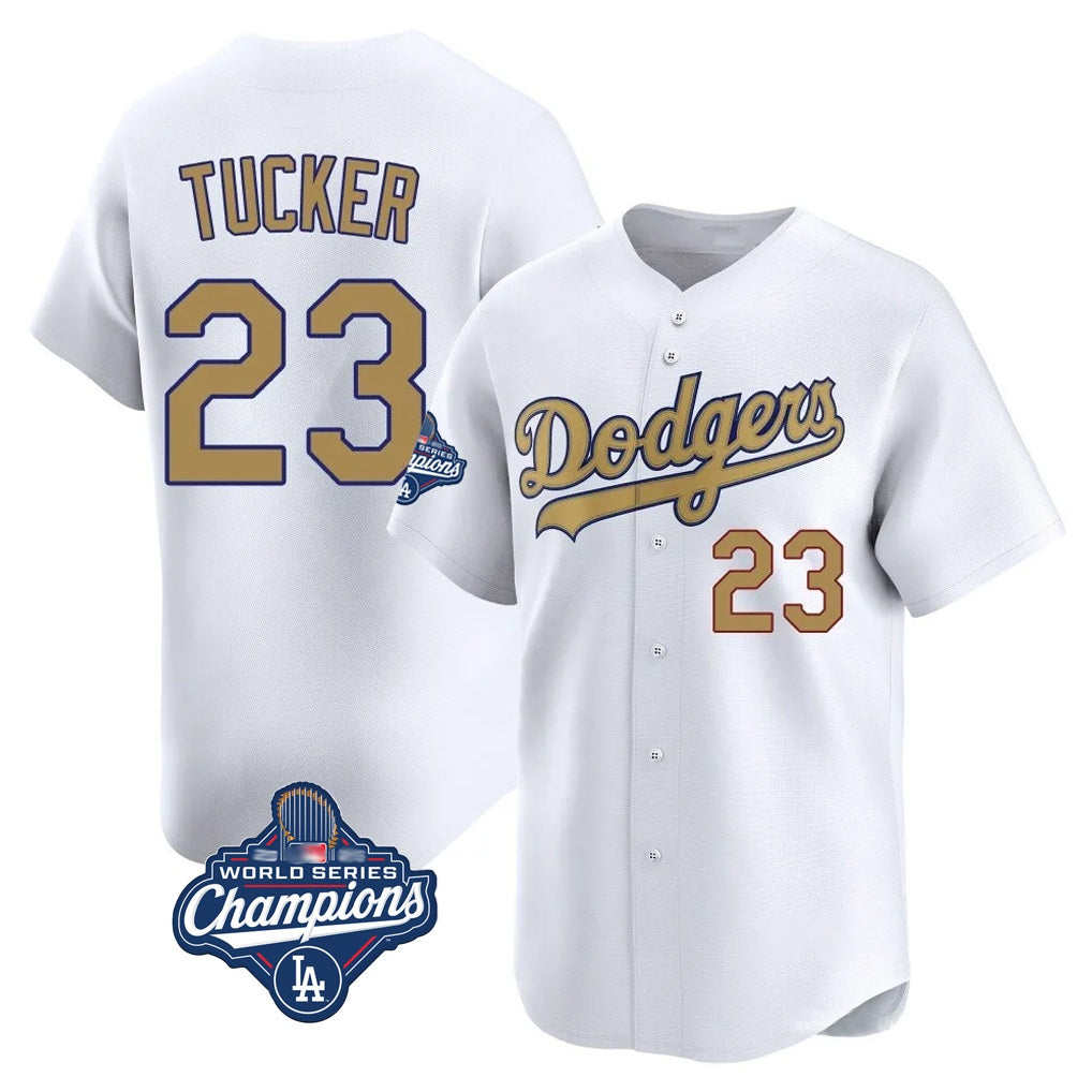 Los Angeles Dodgers #23 Kyle Tucker Player White Gold REYNOLDS World Series Meet Collection Limited Home Stitched Jerseys