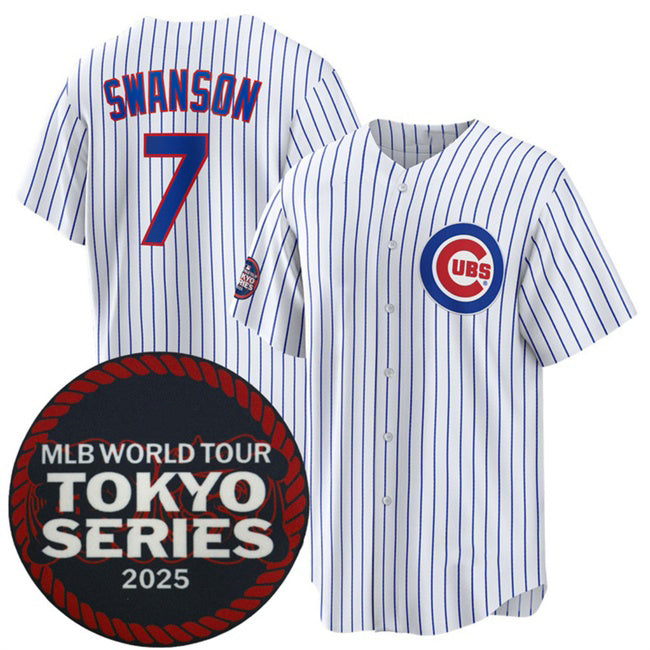 Chicago Cubs #7 Dansby Swanson White REYNOLDS 2025 World Tour Tokyo Series Home Stitched Jersey