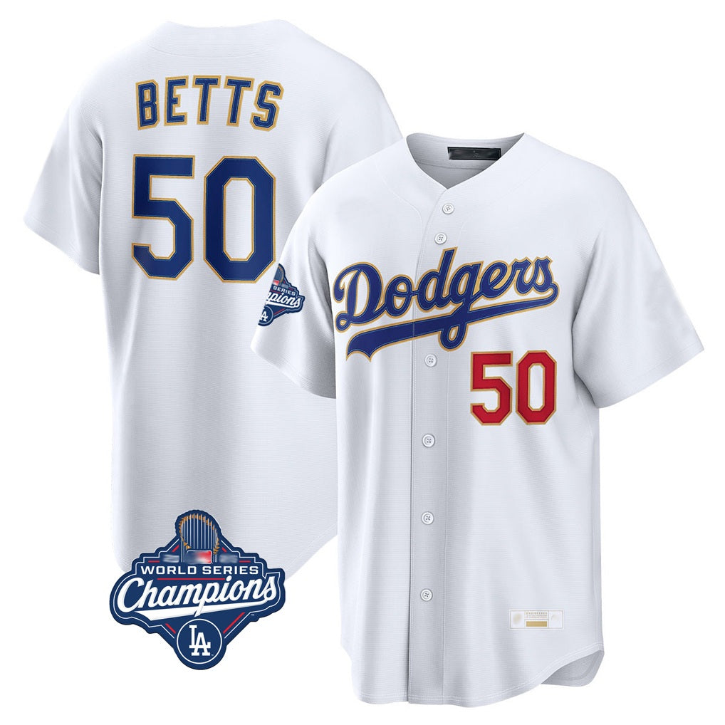 Los Angeles Dodgers #50 Mookie Betts Player Gold White REYNOLDS World Series Meet Collection Limited Home Stitched Jerseys