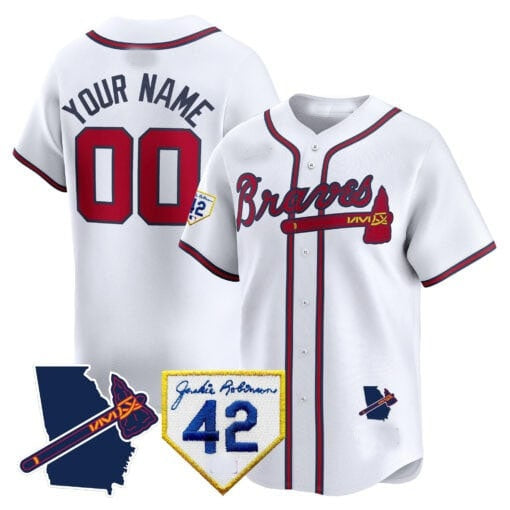 Custom Atlanta Braves 2024 Robinson & Georgia Patch Vapor Premier Limited Jersey ¨C White REYNOLDS