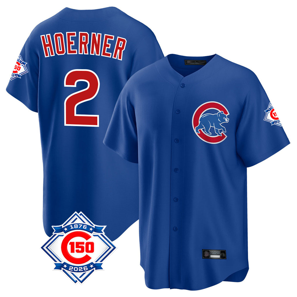 Chicago Cubs #2 Nico Hoerner Player Royal REYNOLDS 150th Anniversary Home Game Stitched Jerseys