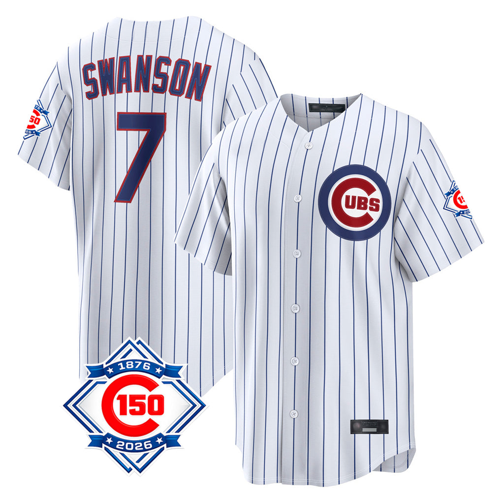 Chicago Cubs #7 Dansby Swanson Player White REYNOLDS 150th Anniversary Game Home Stitched Jerseys