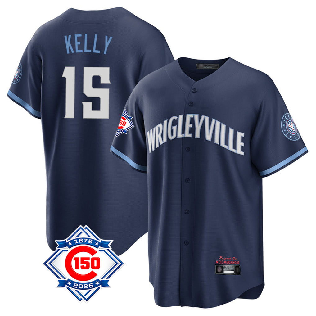 Chicago Cubs #15 Carson Kelly Player Navy REYNOLDS 150th Anniversary City Connect Home Game Stitched Jerseys