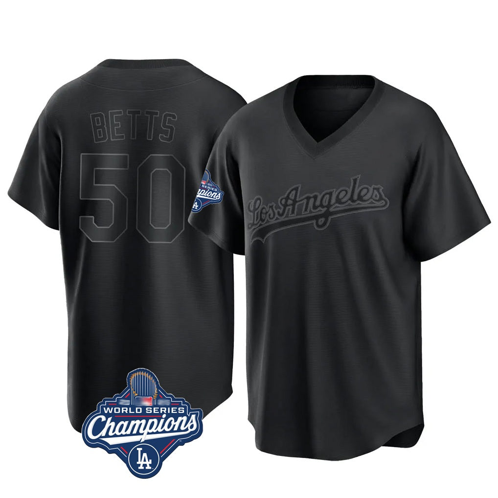 Los Angeles Dodgers #50 Mookie Betts Player Black REYNOLDS World Series Meet Pitch Fashion T-shirt Stitched Jerseys