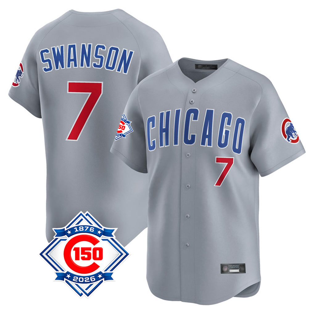 Chicago Cubs #7 Dansby Swanson Player Gray REYNOLDS Road 150th Anniversary Limited Home Stitched Jerseys