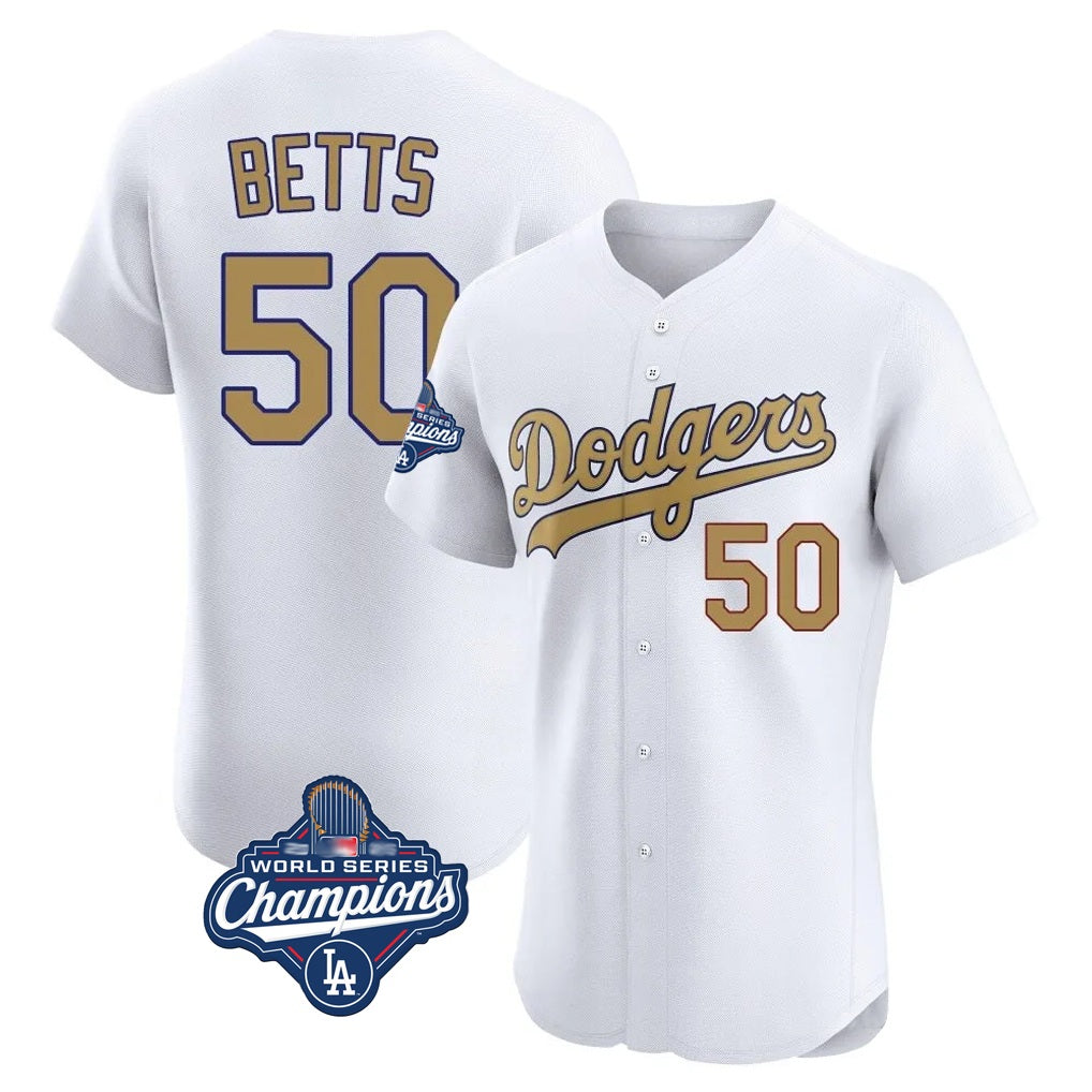 Los Angeles Dodgers #50 Mookie Betts Player White Gold REYNOLDS World Series Meet Limited Elite Home Stitched Jerseys