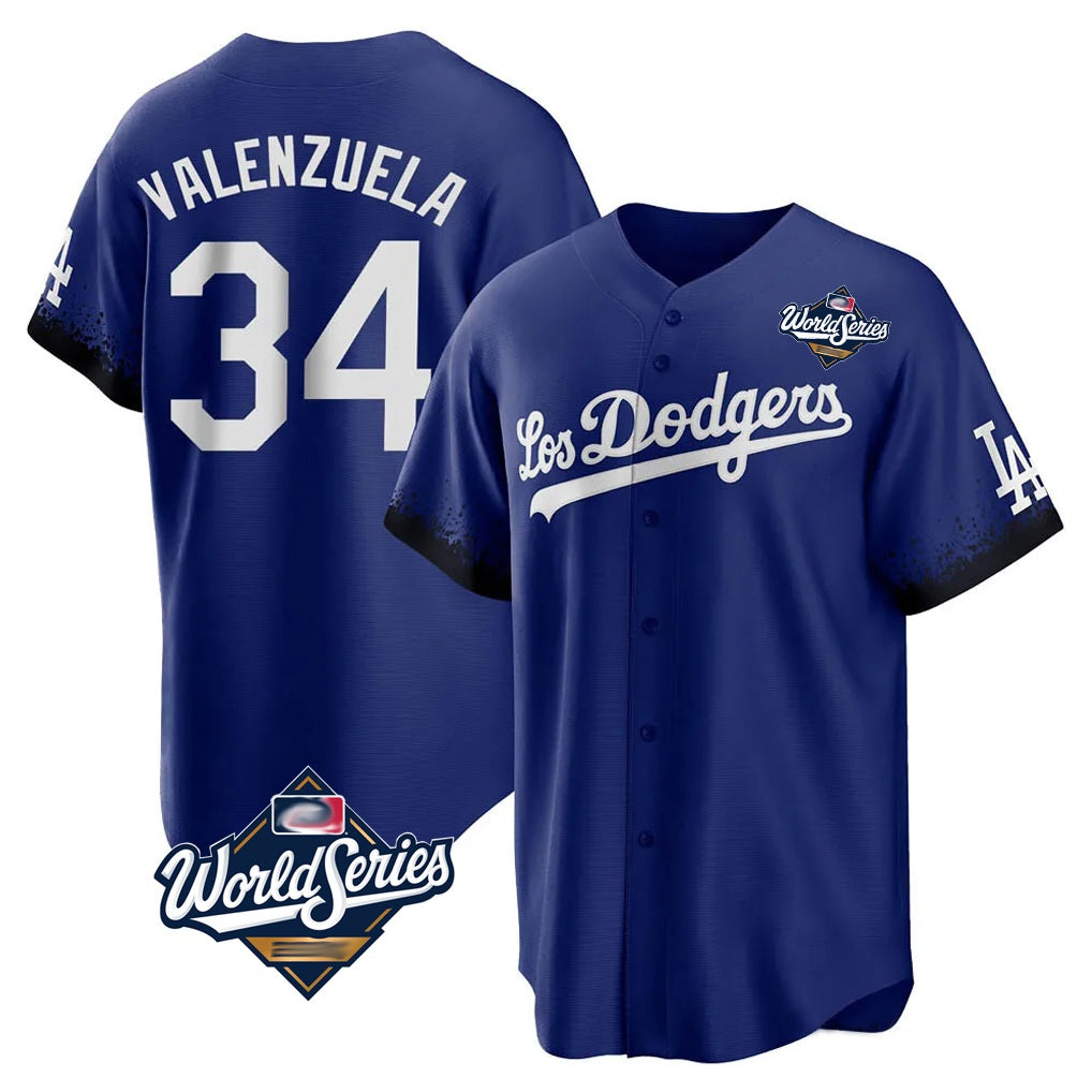 Los Angeles Dodgers #34 Fernando Valenzuela Player Royal REYNOLDS World Series City Connect Home Game Stitched Jerseys