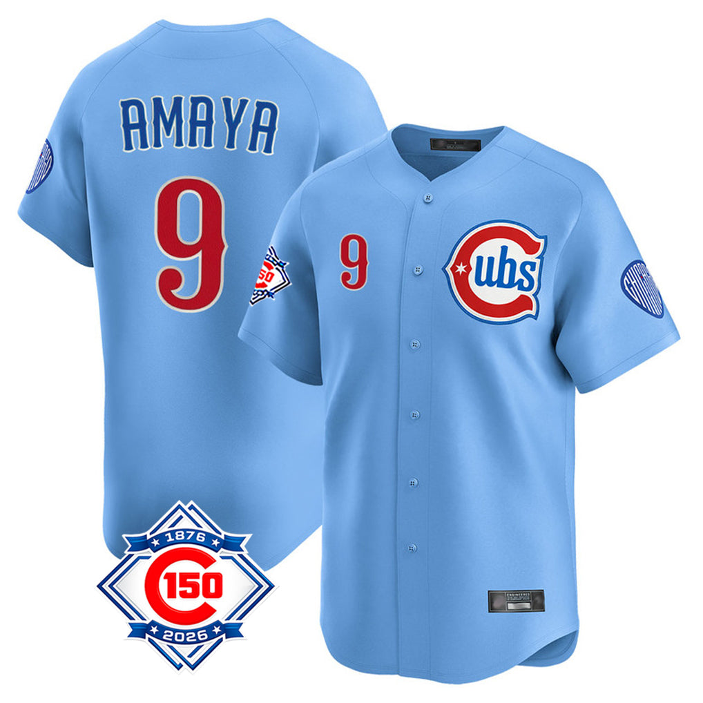 Chicago Cubs #9 Miguel Amaya Player Light Blue REYNOLDS 150th Anniversary Limited Home Stitched Jerseys