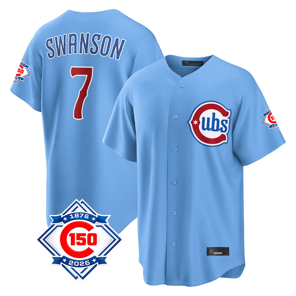 Chicago Cubs #7 Dansby Swanson Player Light Blue REYNOLDS 150th Anniversary Home Game Stitched Jerseys