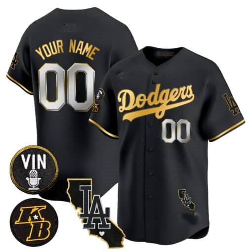 Custom Los Angeles Dodgers Vin Patch & Kobe Bryant Gold Trim Vapor Premier Limited Jersey V2 ¨C All Stitched-Black REYNOLDS