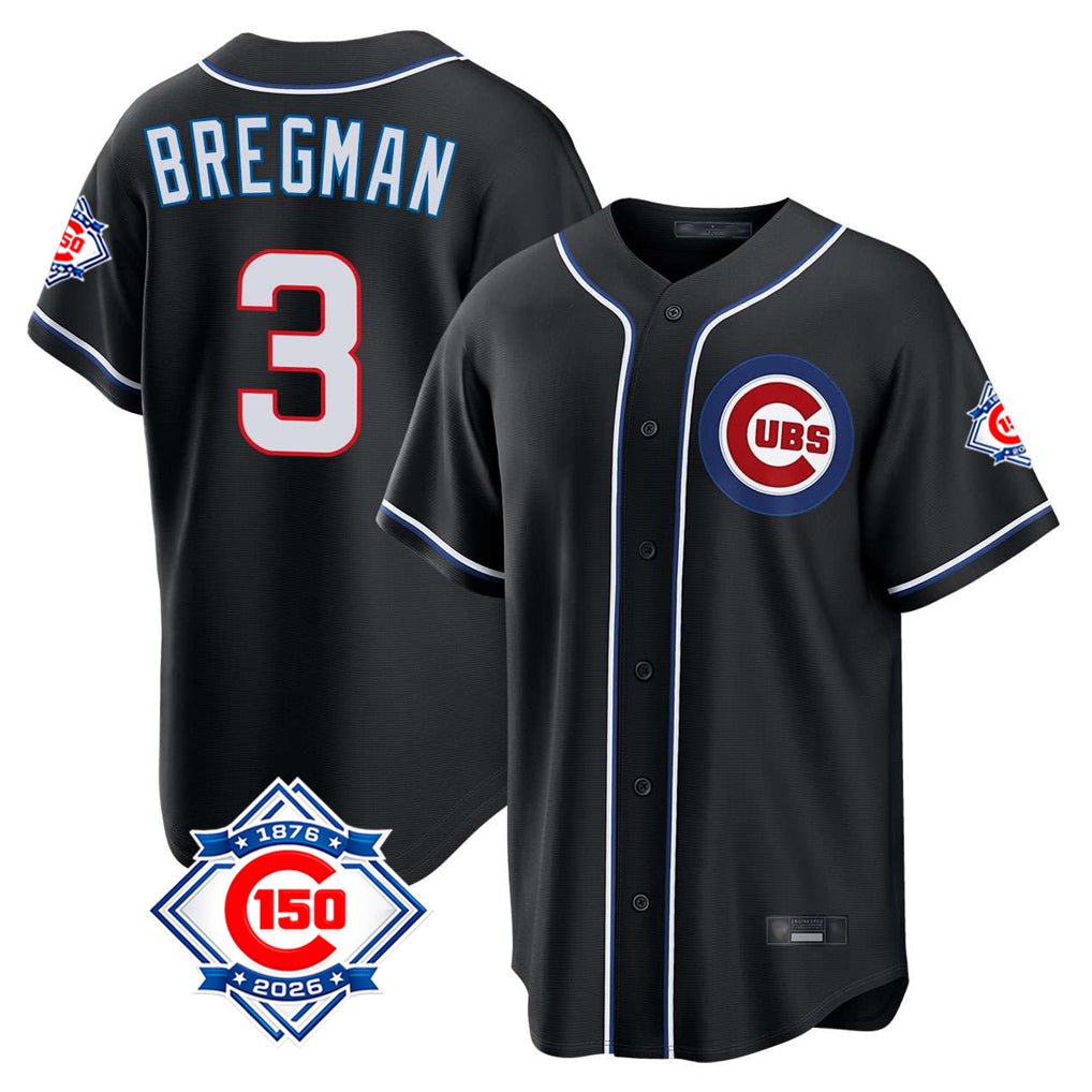 Chicago Cubs #3 Alex Bregman Player Black REYNOLDS Fashion Out 150th Anniversary Game Stitched Jerseys