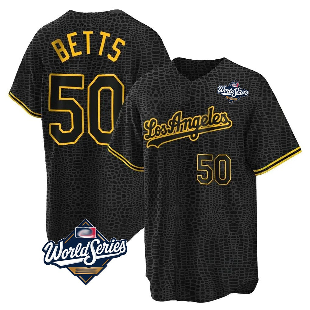 Los Angeles Dodgers #50 Mookie Betts Player Black Gold REYNOLDS World Series Limited Home Stitched Jerseys