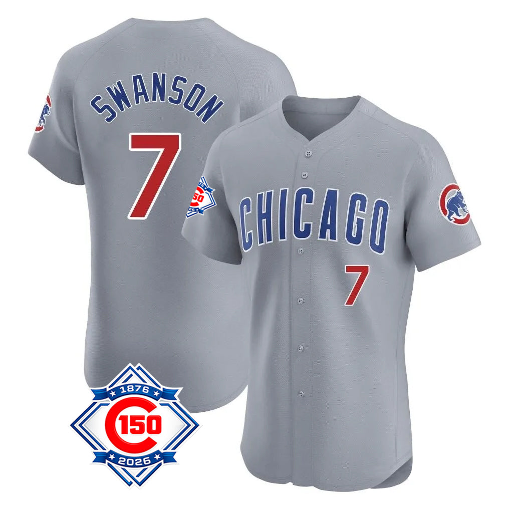 Chicago Cubs #7 Dansby Swanson Player Gray REYNOLDS Road 150th Anniversary Limited Elite Home Stitched Jerseys