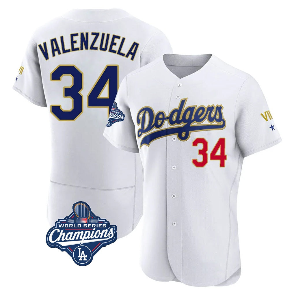 Los Angeles Dodgers #34 Fernando Valenzuela Player Gold White REYNOLDS World Series Meet 2026 Collection Stadium Limited Elite Stitched Jerseys