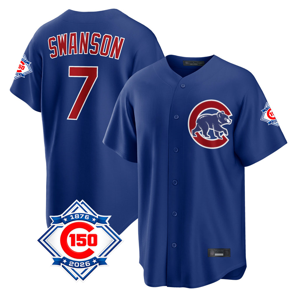 Chicago Cubs #7 Dansby Swanson Player Royal REYNOLDS 150th Anniversary Home Game Stitched Jerseys