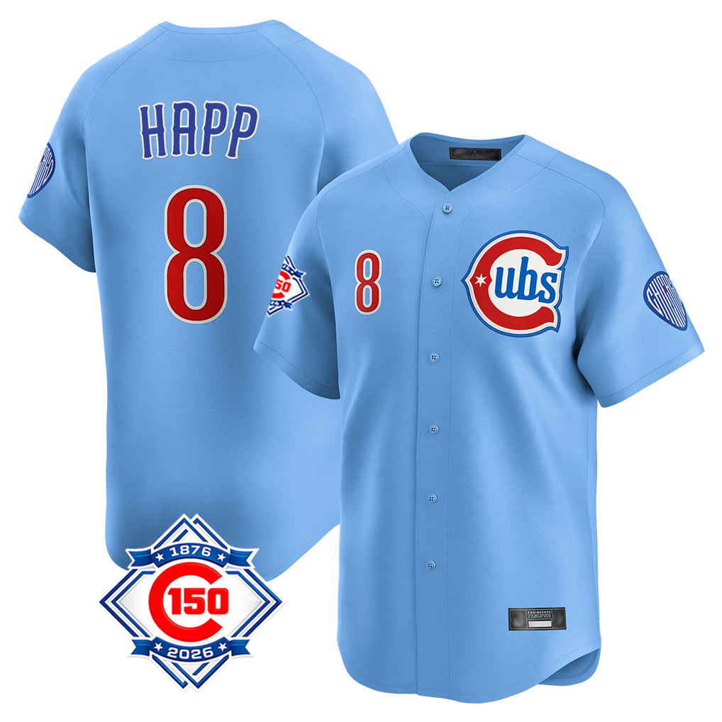 Chicago Cubs #8 Ian Happ Player Light Blue REYNOLDS 150th Anniversary Limited Home Stitched Jerseys