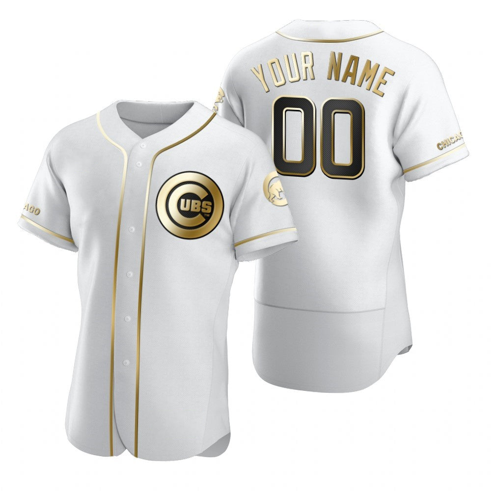 Custom Chicago Cubs White REYNOLDS Stitched Flex Base Golden Edition Jersey