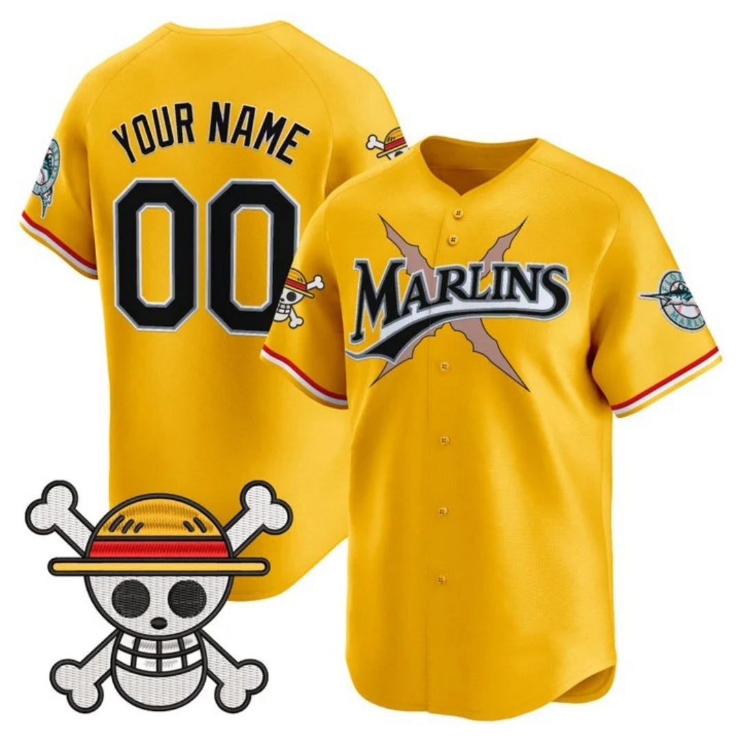 Custom Miami Marlins x One Piece Gold REYNOLDS Vapor Premier Limited Jersey - Stitched