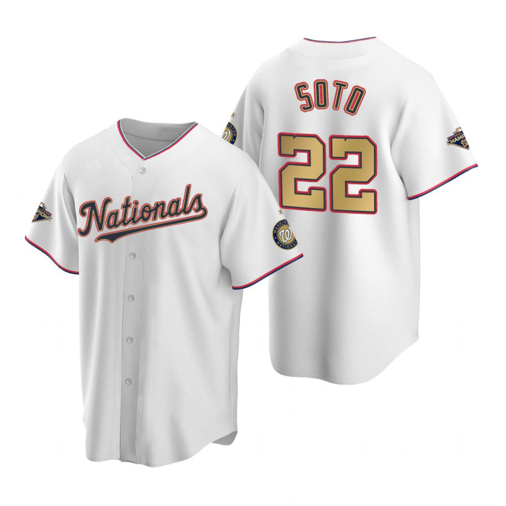 Washington Nationals #22 Juan Soto White Gold REYNOLDS 2019 World Series Champions Stitched Cool Base Jersey