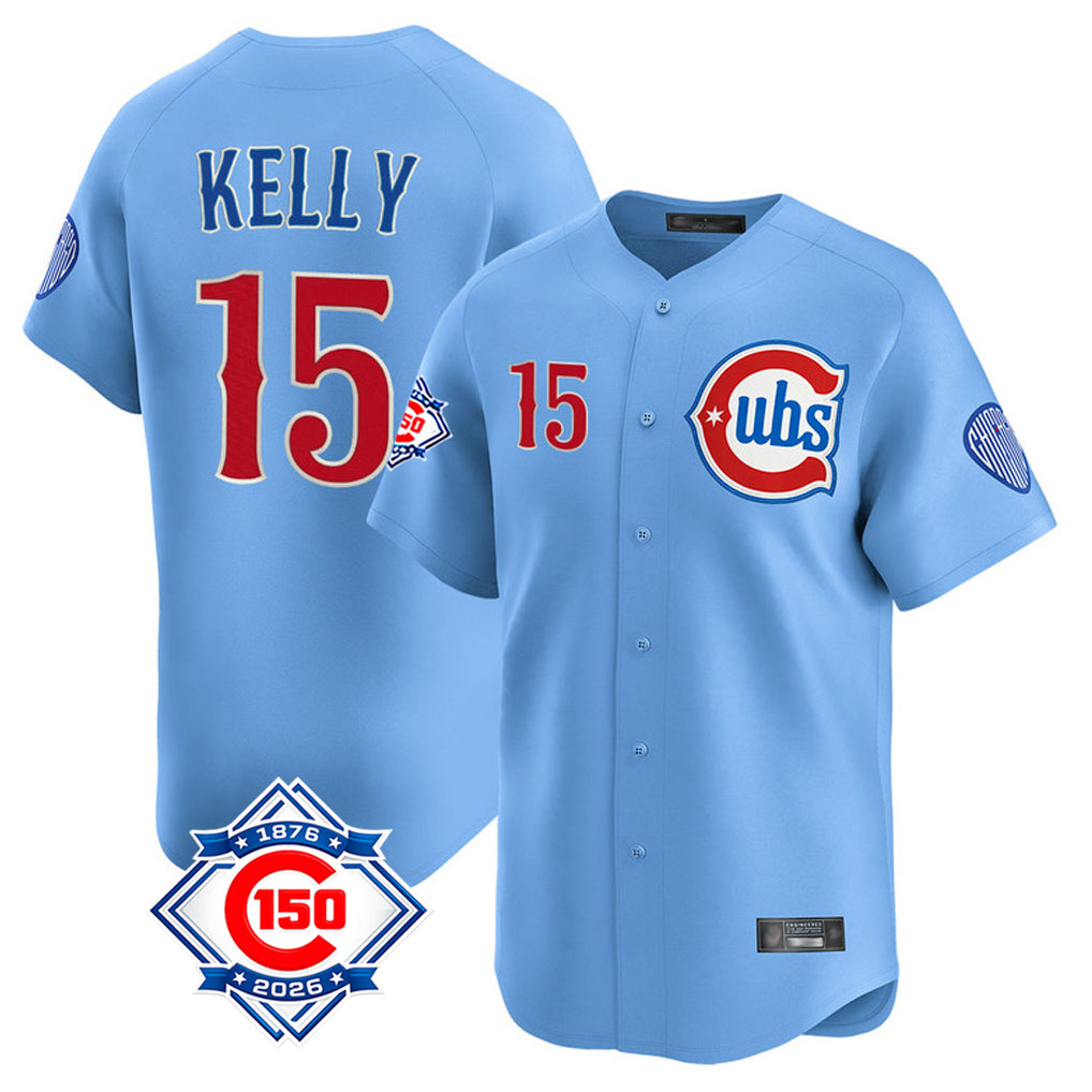 Chicago Cubs #15 Carson Kelly Player Light Blue REYNOLDS 150th Anniversary Limited Home Stitched Jerseys