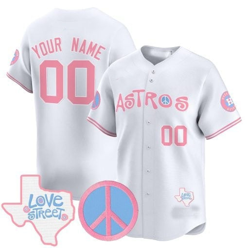 Custom Houston Astros  Love Street & Peace Sign Patch Bubblegum Pink Vapor Premier Limited Jersey ¨C White REYNOLDS