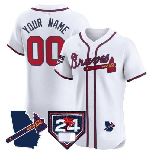 Custom Atlanta Braves 2024 Spring Training & Georgia Patch Vapor Premier Elite Jersey ¨C White REYNOLDS