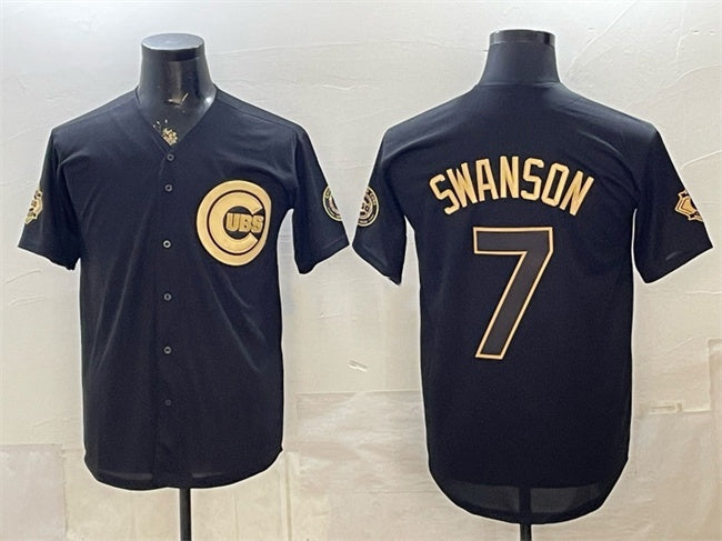 Chicago Cubs #7 Dansby Swanson Black Gold REYNOLDS 150th Anniversary Patch Stitched Jersey