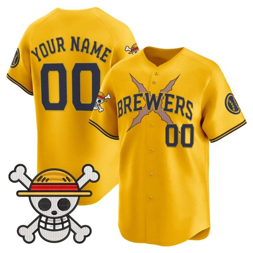 Custom Milwaukee Brewers x One Piece Gold REYNOLDS Vapor Premier Limited Jersey - Stitched
