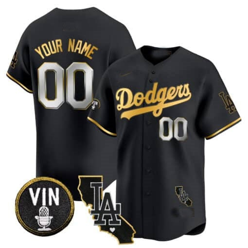 Custom Los Angeles Dodgers Vin & California Patch Gold Trim Vapor Premier Limited Jersey ¨C All Stitched-Black REYNOLDS