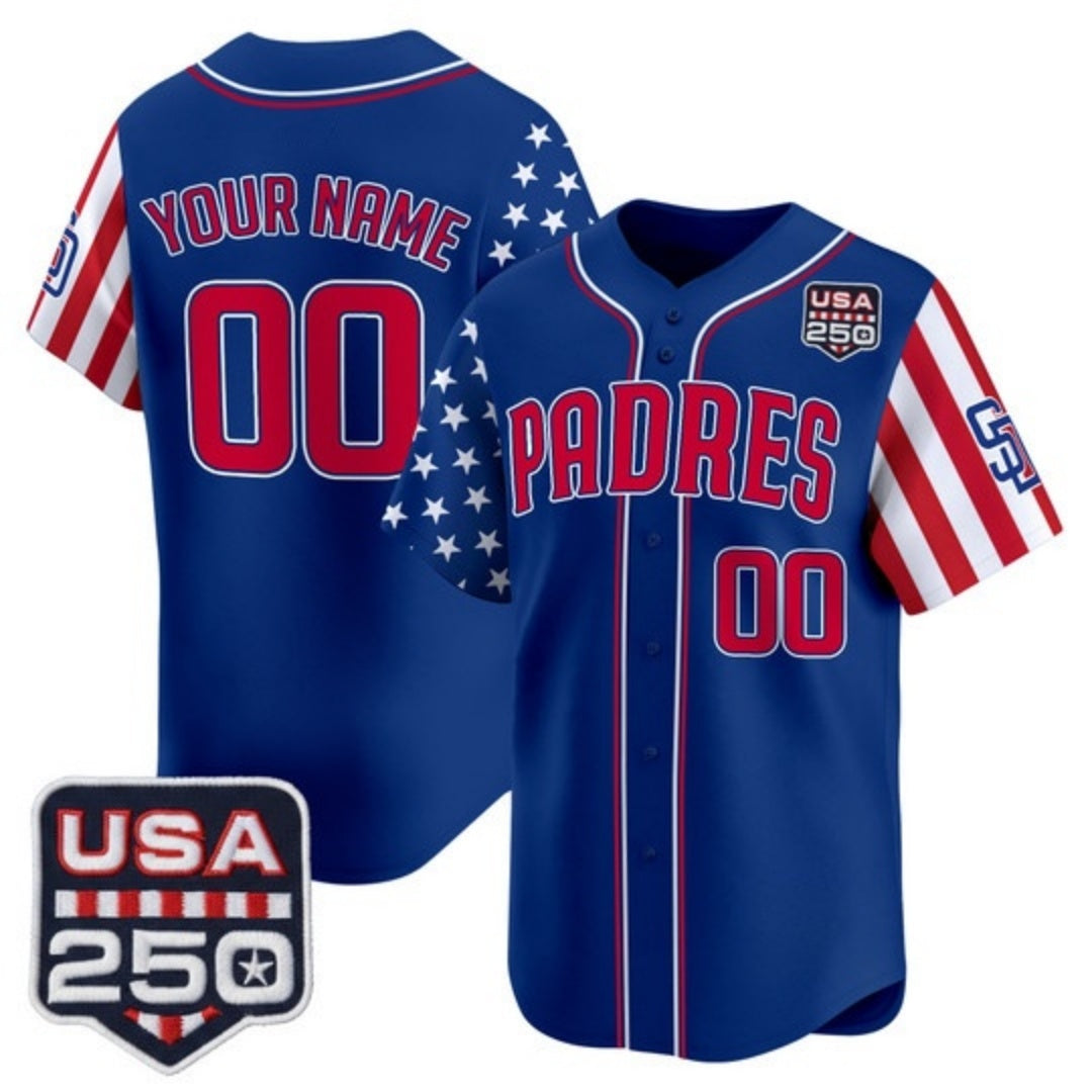 Custom San Diego Padres America 250 Edition Vapor Premier Limited Royal REYNOLDS Stitched Jerseys