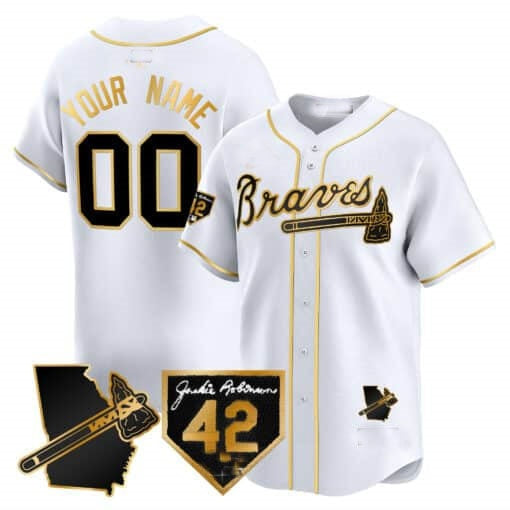 Custom Atlanta Braves 2024 Robinson & Georgia Patch Vapor Premier Limited Jersey ¨C White Gold REYNOLDS