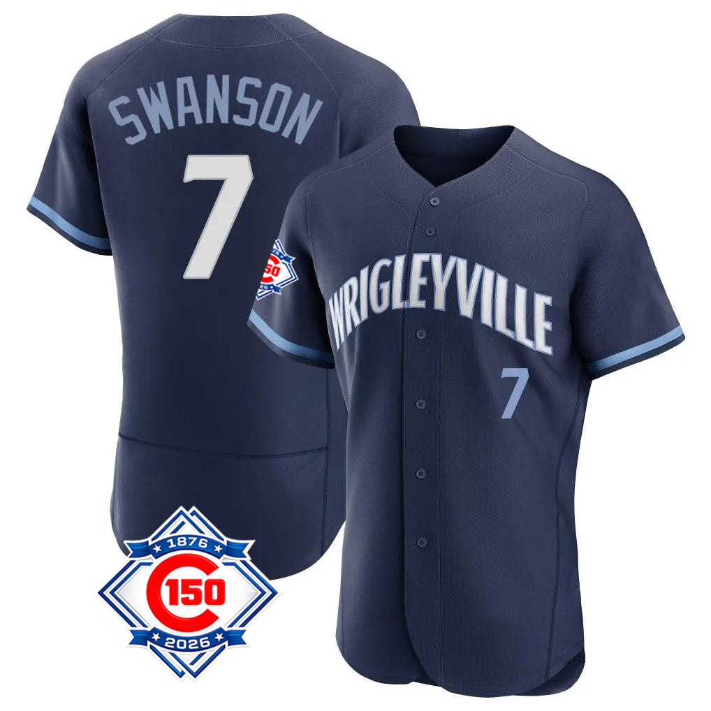 Chicago Cubs #7 Dansby Swanson Player Navy REYNOLDS City Connect 150th Anniversary Limited Elite Home Stitched Jerseys