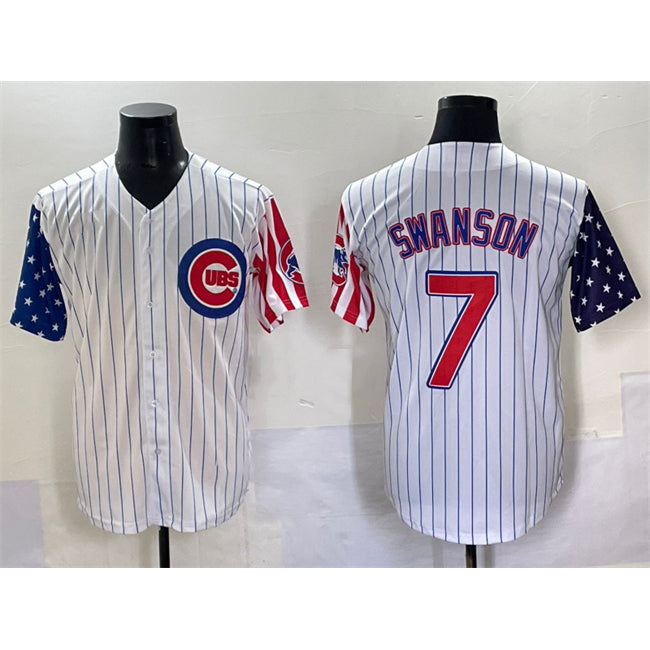 Chicago Cubs #7 Dansby Swanson White REYNOLDS Pinstripe 2025 Independence Day Vapor Premier Limited Stitched Jersey