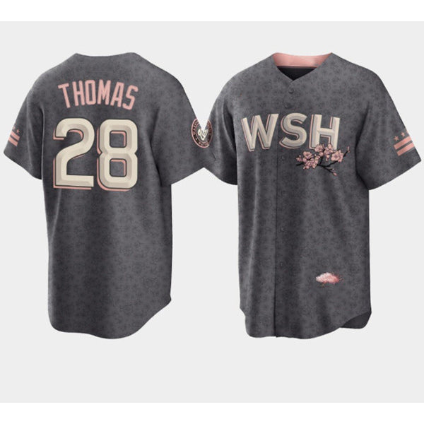 Washington Nationals #28 Lane Thomas 2022 Grey REYNOLDS City Connect Cherry Blossom Cool Base Stitched Jersey