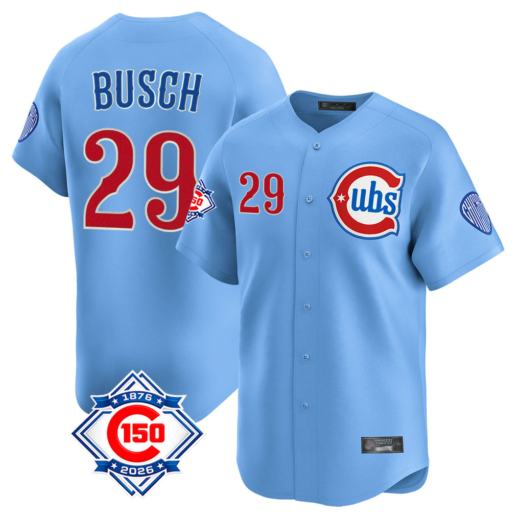 Chicago Cubs #29 Michael Busch Player Light Blue REYNOLDS 150th Anniversary Limited Home Stitched Jerseys