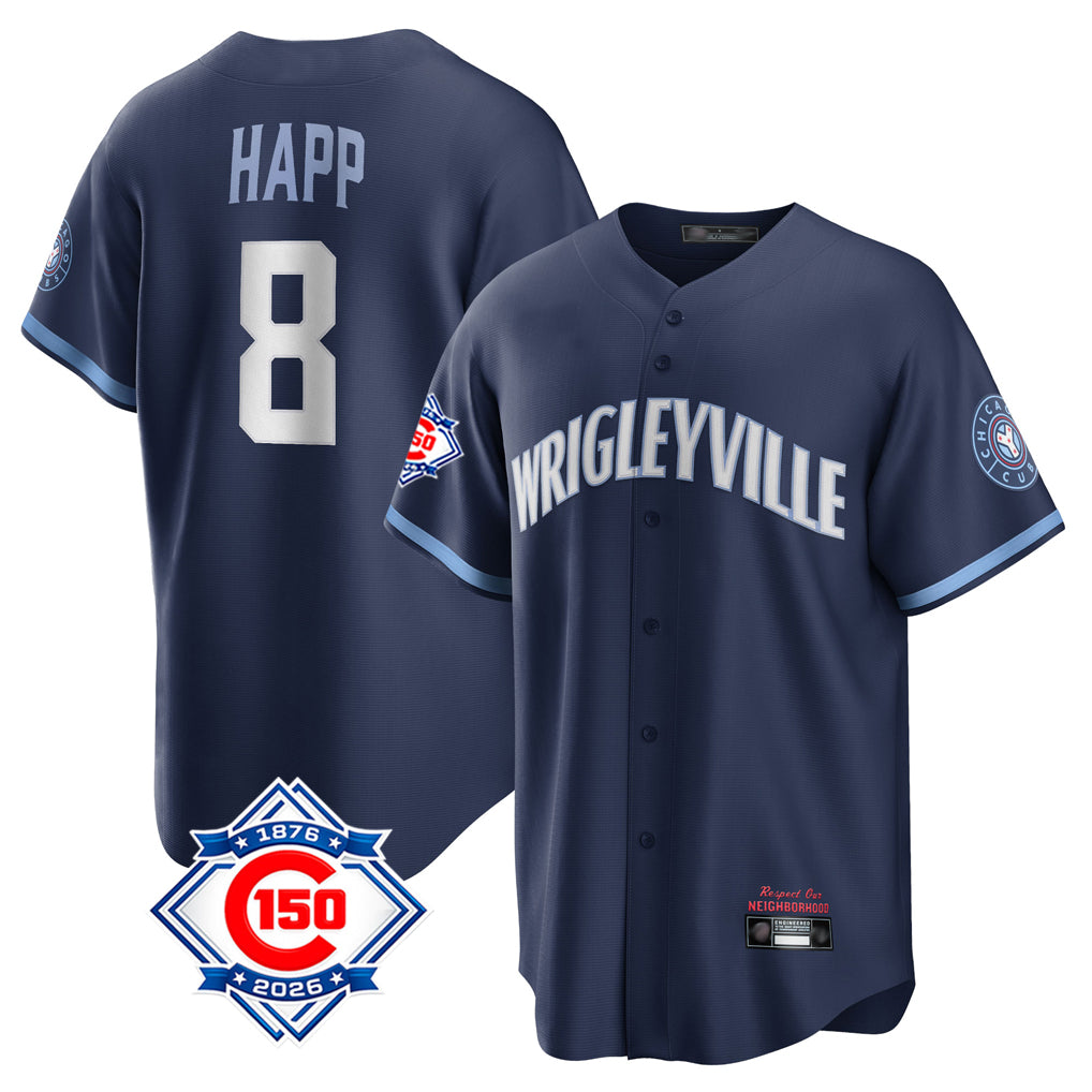 Chicago Cubs #8 Ian Happ Player Navy REYNOLDS 150th Anniversary City Connect Home Game Stitched Jerseys