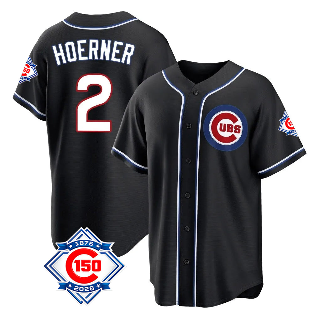 Chicago Cubs #2 Nico Hoerner Player Black REYNOLDS Fashion Out 150th Anniversary Game Stitched Jerseys