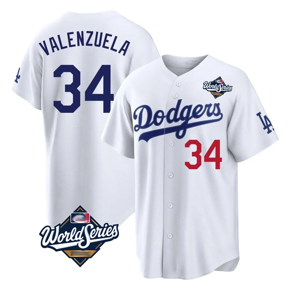 Los Angeles Dodgers #34 Fernando Valenzuela Player White REYNOLDS World Series Home Game Stitched Jerseys