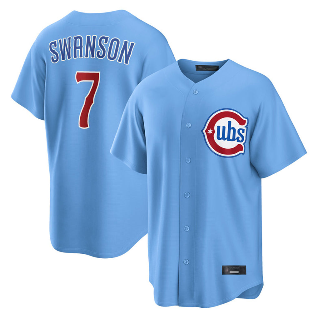 Chicago Cubs #7 Dansby Swanson Player Light Blue REYNOLDS Home Game Stitched Jerseys