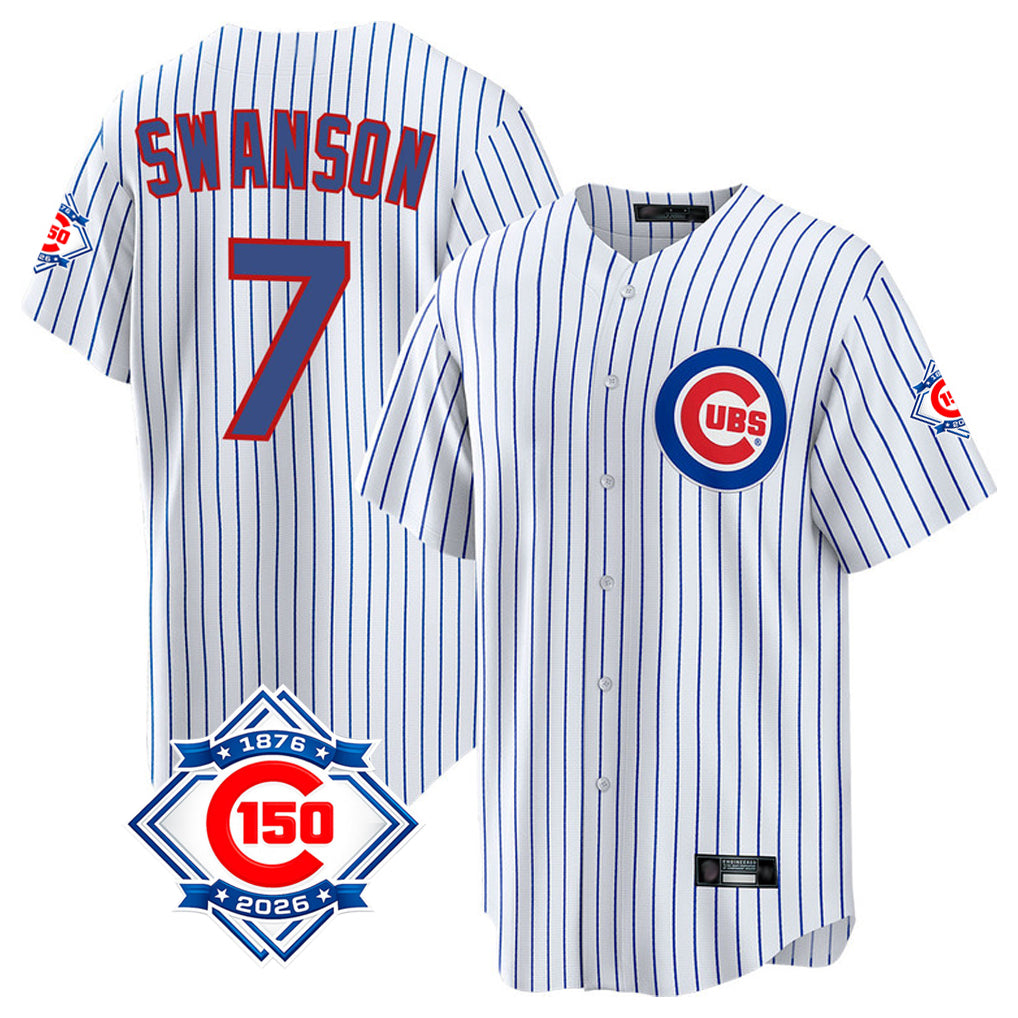Chicago Cubs #7 Dansby Swanson Player White REYNOLDS 150th Anniversary Home Game Stitched Jerseys